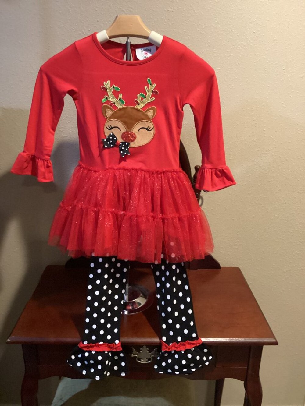 Girls Christmas Reindeer Tutu Outfit Red & Black Polka Dot 2-Piece Set